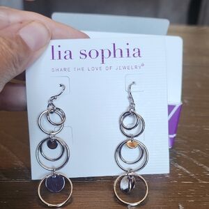 Lia Sophia Silver Dangle Hoop Earrings NIB "Reflection" Necklace Also Available